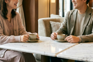 結婚相談所でマッチングしてお茶をしている男女のイメージ